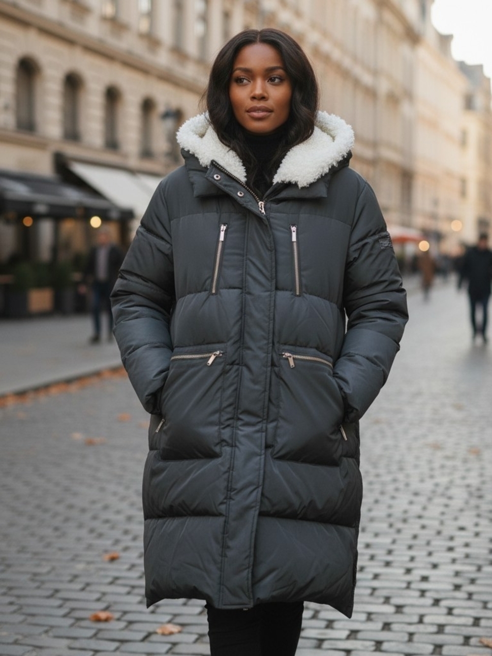 Larry Levine Black Hooded Puffer Coat with Faux-Sherpa Trim Size XL
